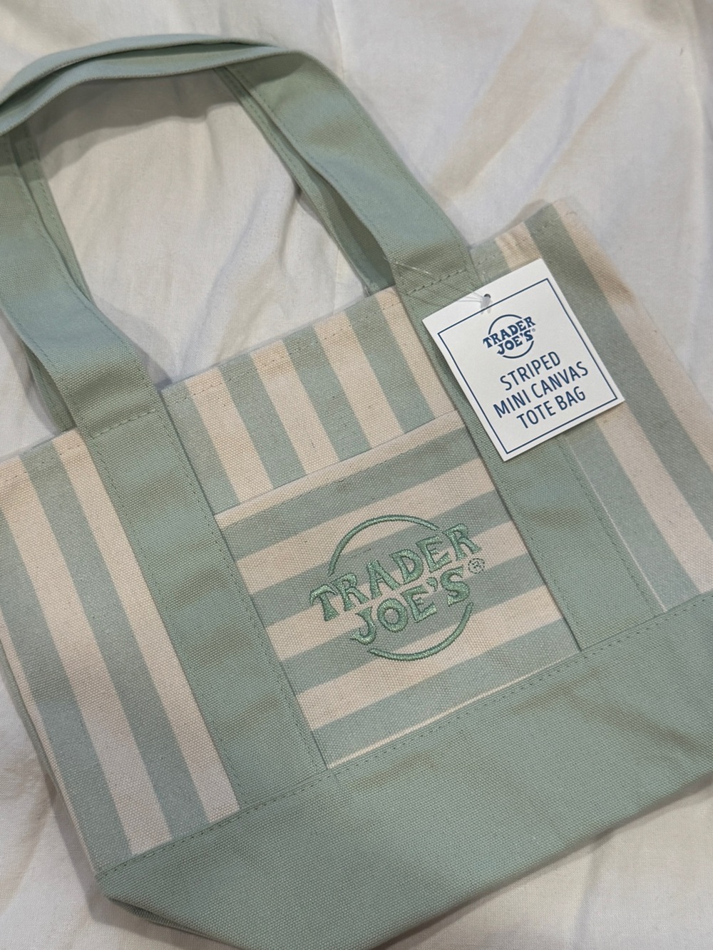 Trader Joe's Striped Mini Canvas Tote Bag in Sage